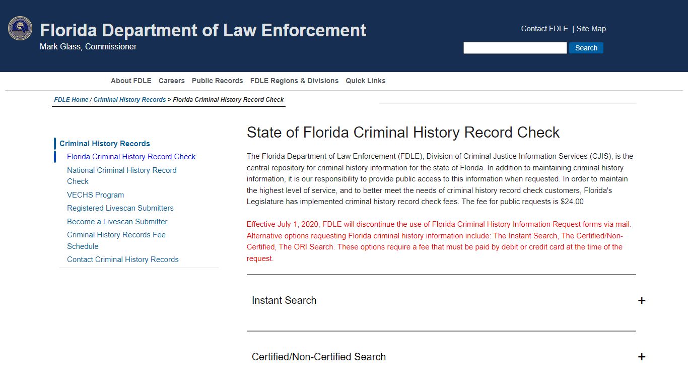 State of Florida Criminal History Record Check